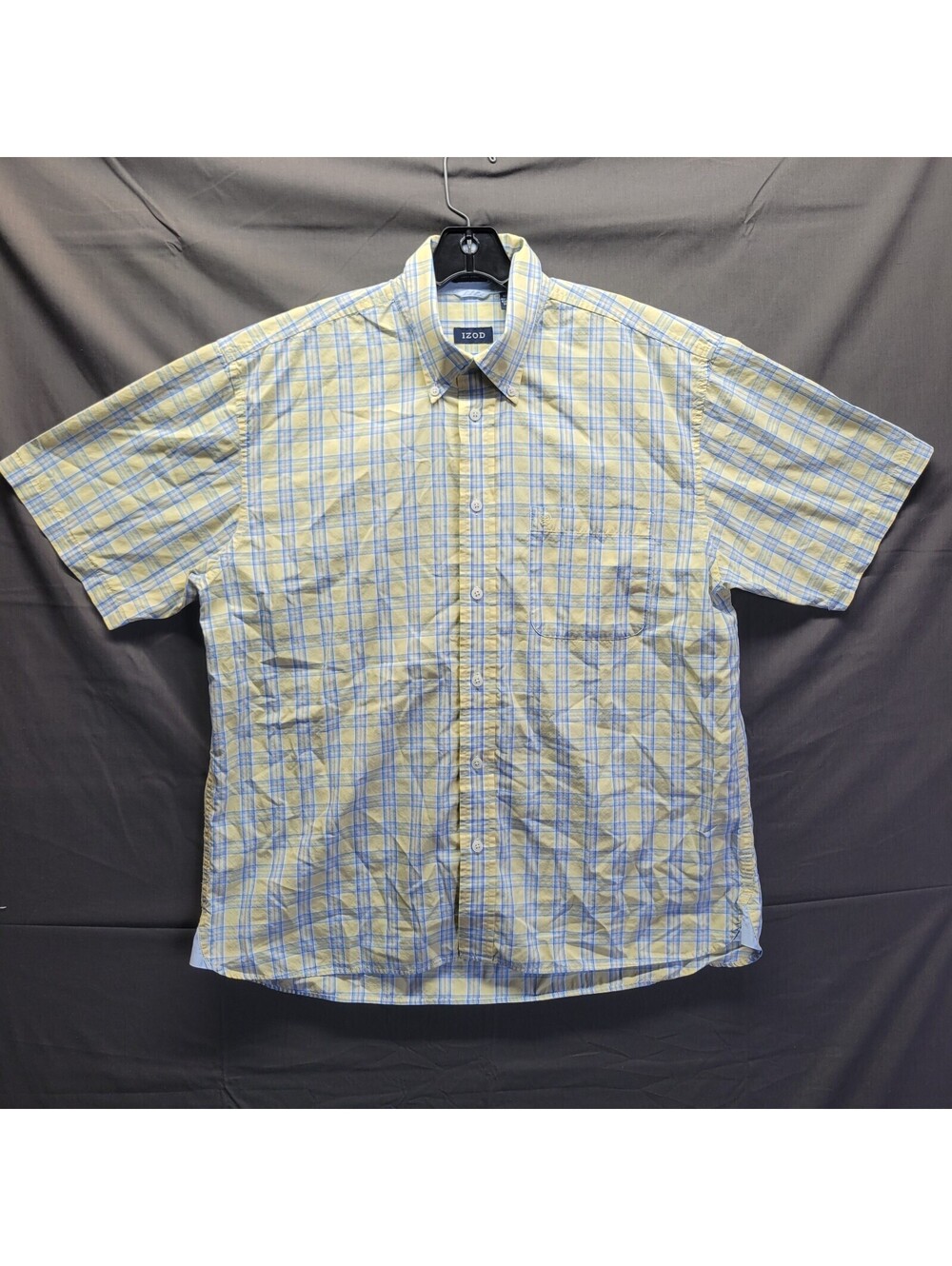 IZOD Yellow Blue Button-Up Collared Plaid Short Sleeve Shirt Mens Large L